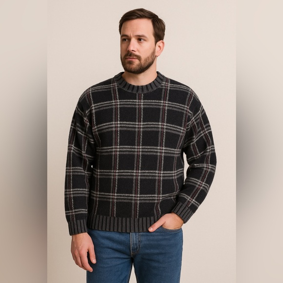 Other - 🖤 Vintage Cortina Italia Plaid‎ Knit Sweater 🖤 Black Gray Red Check Pullover L